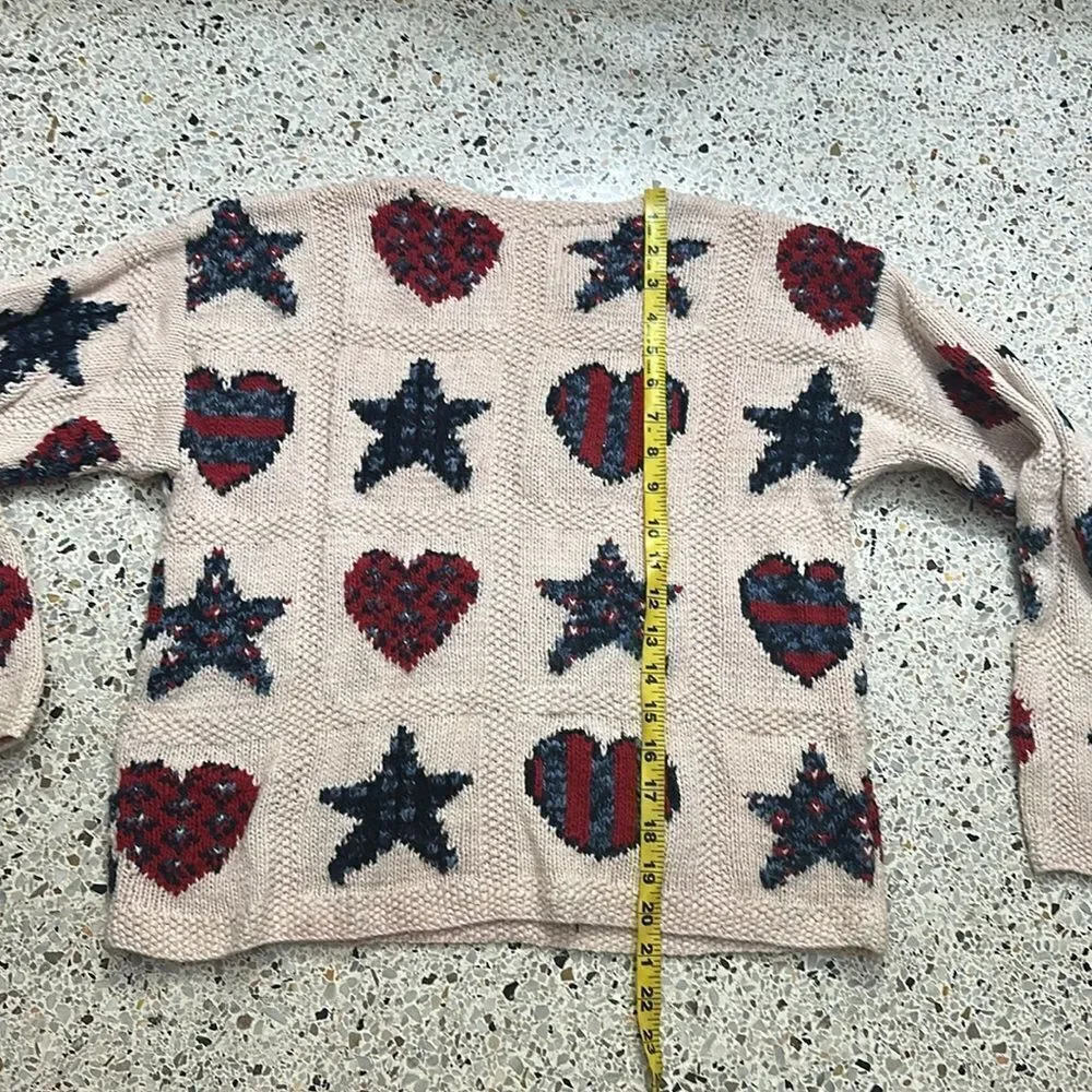 Talbots hearts Star patriotic knitted by hand small s red blue tan USA_4
